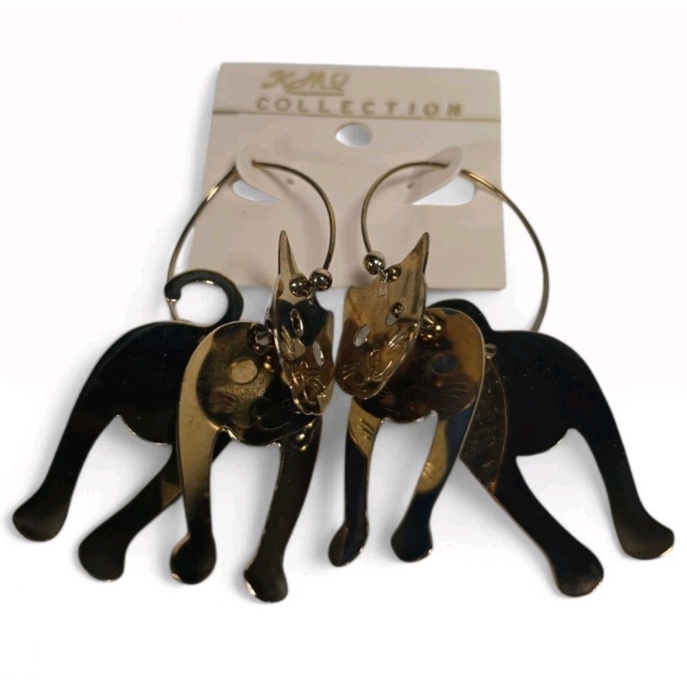NEW KMQ Vintage Gold Tone Cat Hoop Dangle Earrings‎ Layered Feline Charm Novelty